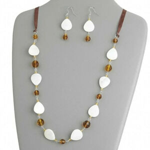 Handcrafted Amber Brown Glass and Mother of Pearl Teardrop Necklace Earrings Set